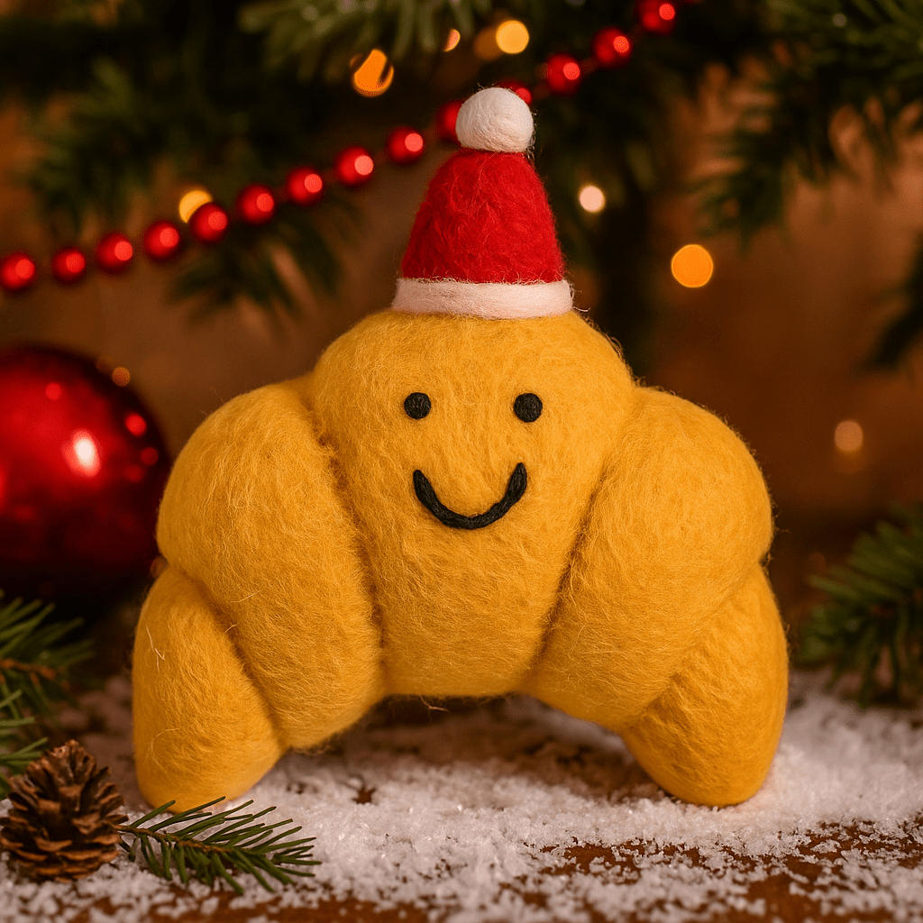Felt Christmas croissant decoration by Amica featuring festive holiday design and detailed embroidery on white felt.
