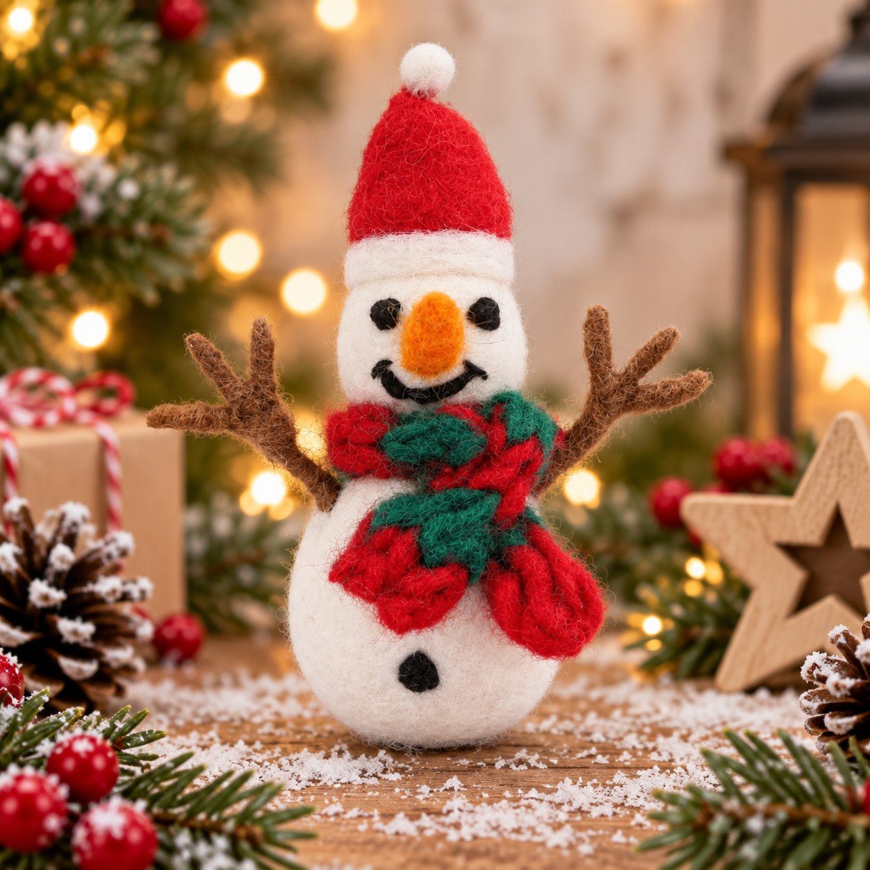Mini Snowman With Twig Arms Felt Decoration - Bumble Living