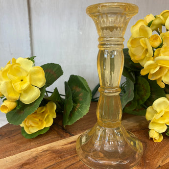 Pastel yellow glass candlestick holder measuring 15cm from Gisela Graham, featuring a smooth, elegant design for decorative candle display.