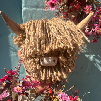 A small Highland cow wall ornament featuring Ailsa, made by Aquarelle Home, with detailed brown fur and cute facial features.