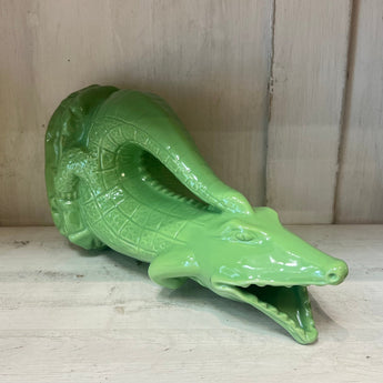 Large apple green Croggle Jug by The Gluggle Jug Factory, featuring a distinctive curved shape and glossy finish.