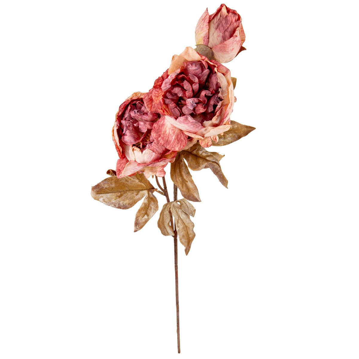 Artificial dried peony and vintage rose in pink, realistic floral arrangement by Oaktree UK for decorative use.