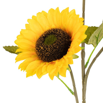 Artificial sunflower spray by Oaktree UK with bright yellow blooms and green foliage, perfect for floral arrangements.