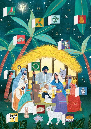 Roger La Borde Away in a Manger Advent Calendar featuring festive nativity scene images and numbered doors for countdown.