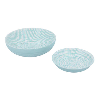 Set of two blue ceramic dash-shaped trinket dishes by Gisela Graham, perfect for jewelry or small accessories.