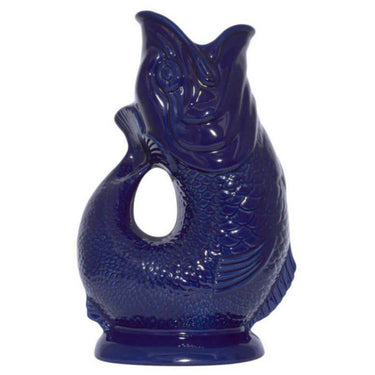 Blue Original Gluggle Jug Mini from The Gluggle Jug Factory, showcasing its classic blue ceramic design and distinctive spout.