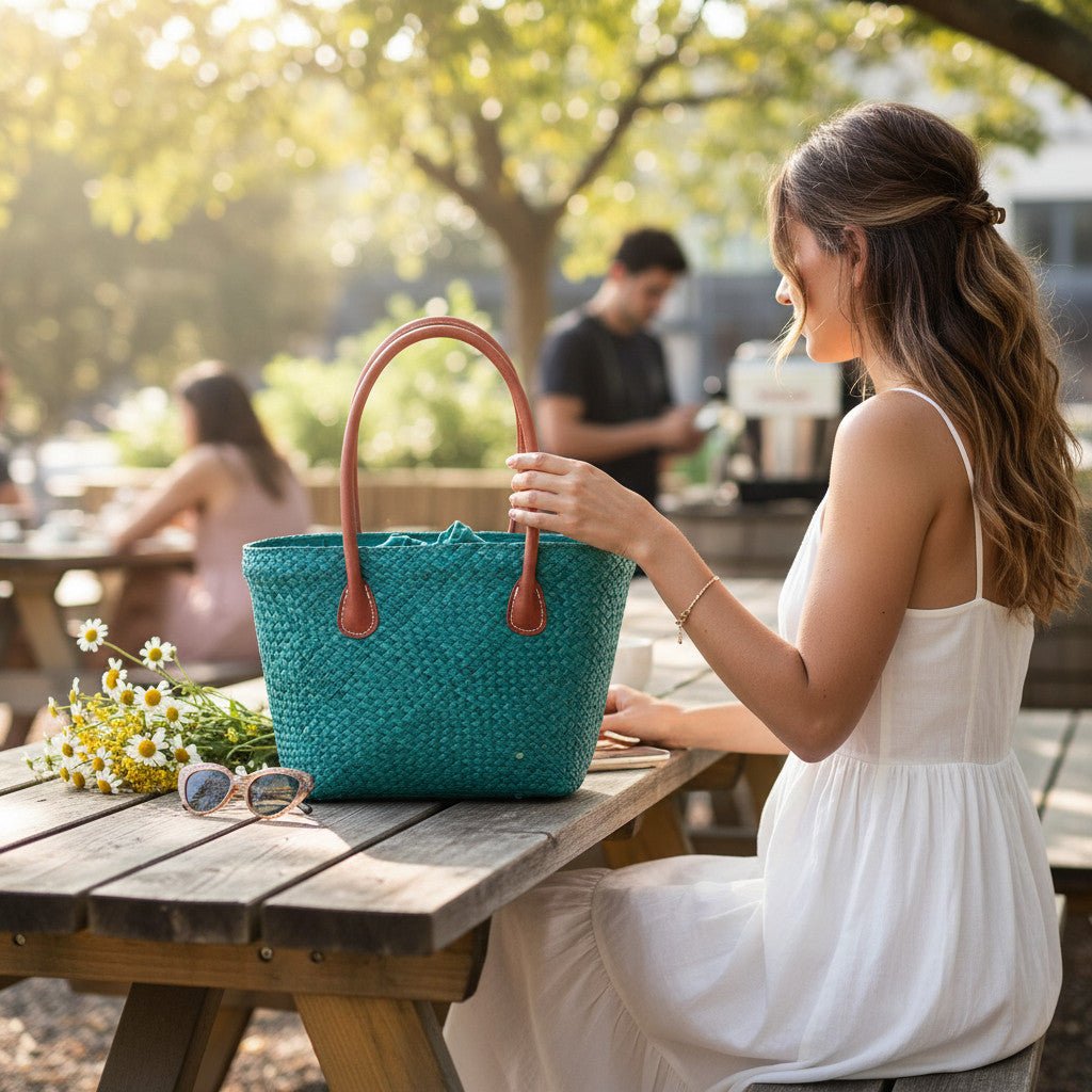 Camille teal tote bag by Basket Basket, stylish large fabric tote with sturdy handles and spacious interior for everyday use.