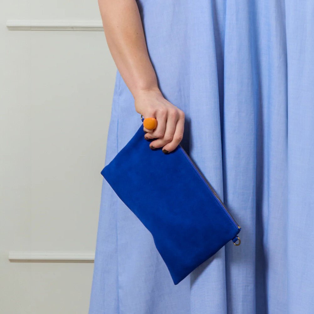 CHALK UK Hampstead suede bag in cobalt blue, featuring a stylish design with top handles and a sleek, modern look.