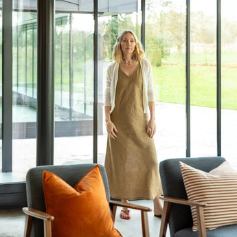 Chalk UK Harlow Dress in dark tan, stylish clothing with a relaxed fit and elegant design, shown on a model.