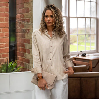 Chalk UK Nola Stripe Shirt in beige and ecru, casual clothing with soft fabric and stylish stripe pattern.