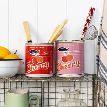 Set of two Rex B2B cherry-themed medium storage tins with metal lids, ideal for organizing kitchen or pantry items.