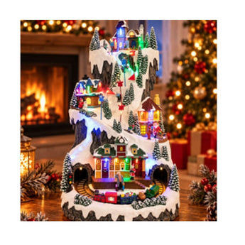 Light-up Christmas village ornament by Crystal World, featuring festive village scene with illuminated details.
