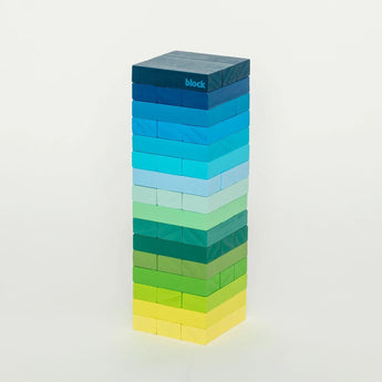 Colorful gradient tower block game by Block Design, featuring stacked wooden blocks in vibrant shades for fun puzzle play.