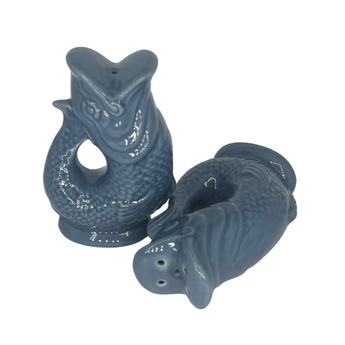 Denim salt and pepper Gluggle Pots from The Gluggle Jug Factory, ceramic kitchen condiment shakers with a vintage design.
