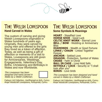 Welsh Love Spoon with dragon and heart carvings by Cadwyn Ltd, featuring intricate wood craftsmanship and symbolic designs.