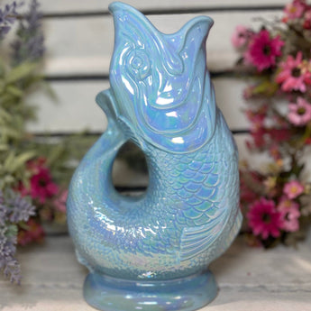 Eau de Nil Lustre Original Gluggle Jug XL by The Gluggle Jug Factory, showcasing its shiny, textured ceramic surface and classic shape.