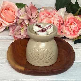 Pukator Eden Stone Effect Embossed Lotus Wax Burner in assorted colors, featuring a textured stone and lotus design for aromatherapy.