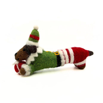 Amica felt decoration of a cute sausage dog elf with detailed features and festive seasonal design.