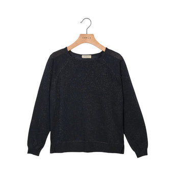 Chalk UK Faye women's knitted jumper in midnight blue, showcasing a cozy, stylish long-sleeve knitwear design.