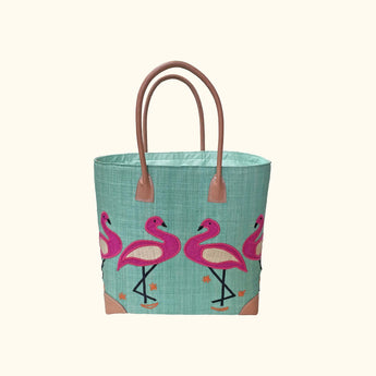 Pink Flamingo Small Tote Bag by Basket Basket, featuring a stylish tote with flamingo design and sturdy handles.