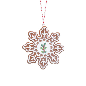 Gisela Graham gingerbread Holly snowflake holiday decoration with intricate gingerbread and holly design for seasonal decor.