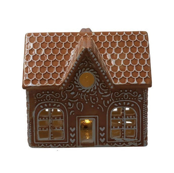 Gisela Graham gingerbread-themed LED ceramic heart cottage for seasonal decorations, with warm light and festive holiday charm.