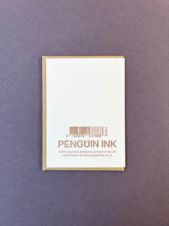 Penguin Ink gingerbread tree greeting card featuring a festive gingerbread cookie design on a holiday-themed background.
