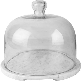 Glass cloche with marble base, stylish kitchenware by Grand Illusions, showcasing a clear glass dome on a polished marble stand.