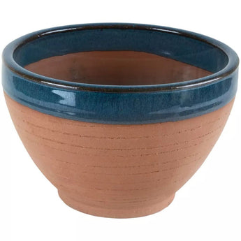 Small turquoise glazed rim planter by Grand Illusions featuring a smooth, rounded shape and glossy finish.
