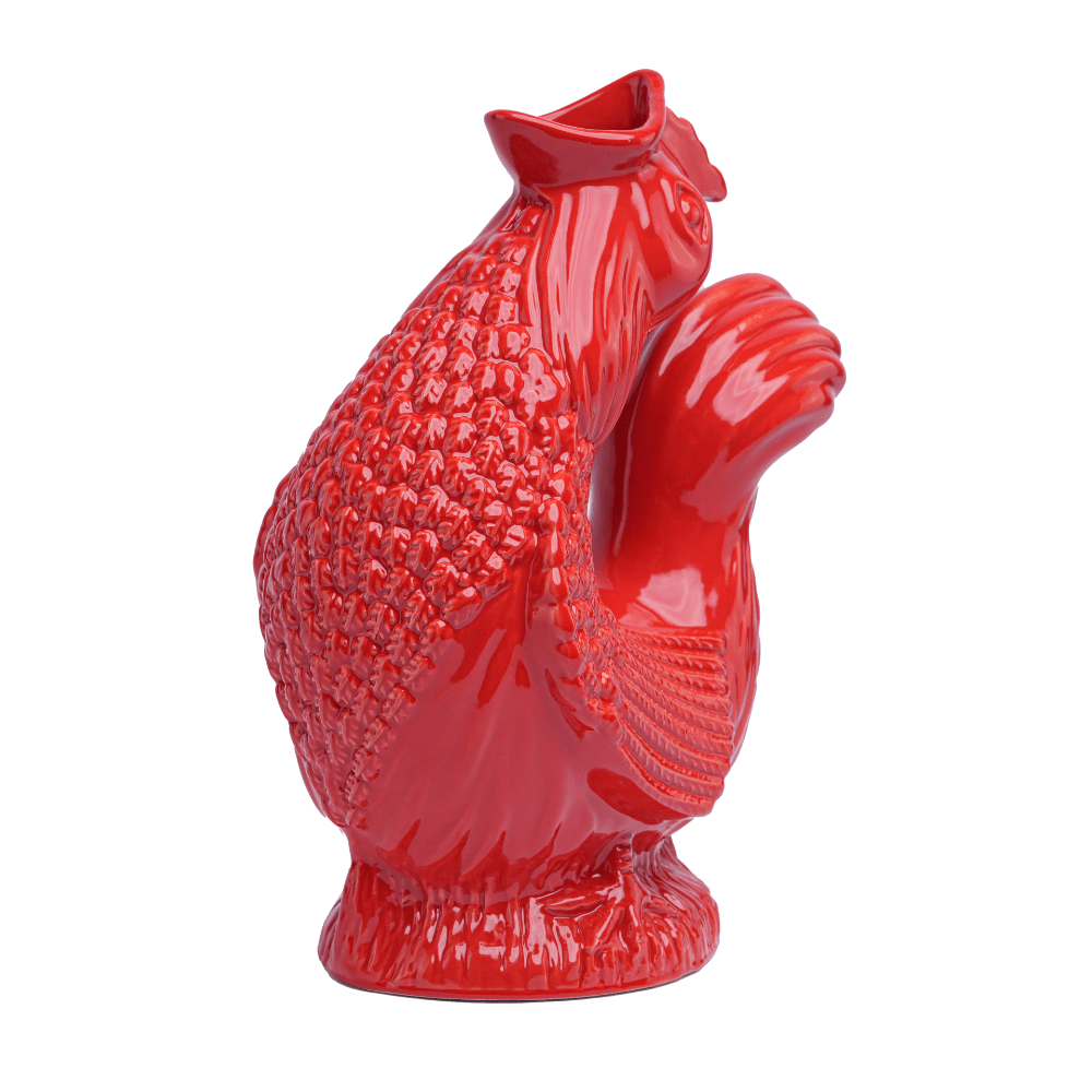 Red Cluckle Jug XL Gluggle Jug with chicken-shaped spout, made by The Gluggle Jug Factory, featuring a vibrant ceramic design.
