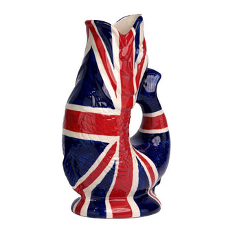 Large UK flag design Gluggle Jug by The Gluggle Jug Factory, featuring a classic ceramic jug with a decorative spout.