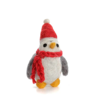 Small grey felt penguin decoration wearing a hat and scarf, perfect for seasonal or festive decor.