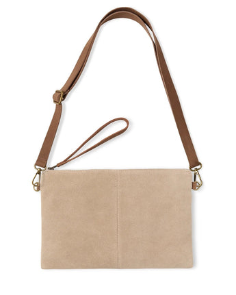 Chalk Hampstead Bag in stone suede with top handle and side pockets, stylish and versatile for everyday use.