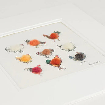 Hand-finished print of hens by Papersheep, showcasing detailed, handcrafted artwork on high-quality paper.