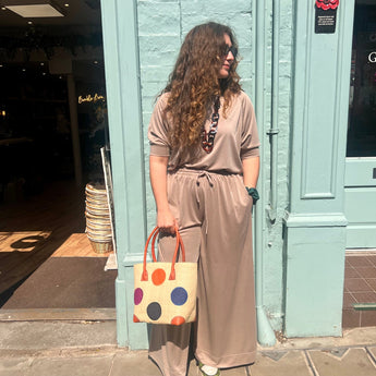 Chalk UK Pepper Pant in Fawn, stylish women's clothing with a relaxed fit and neutral color, displayed on a model.