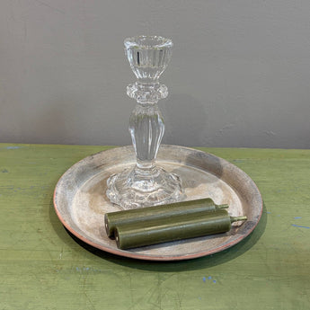 Lace-edged clear glass candlestick holder by Chic Antique, elegant with delicate lace detailing for decorative candle display.