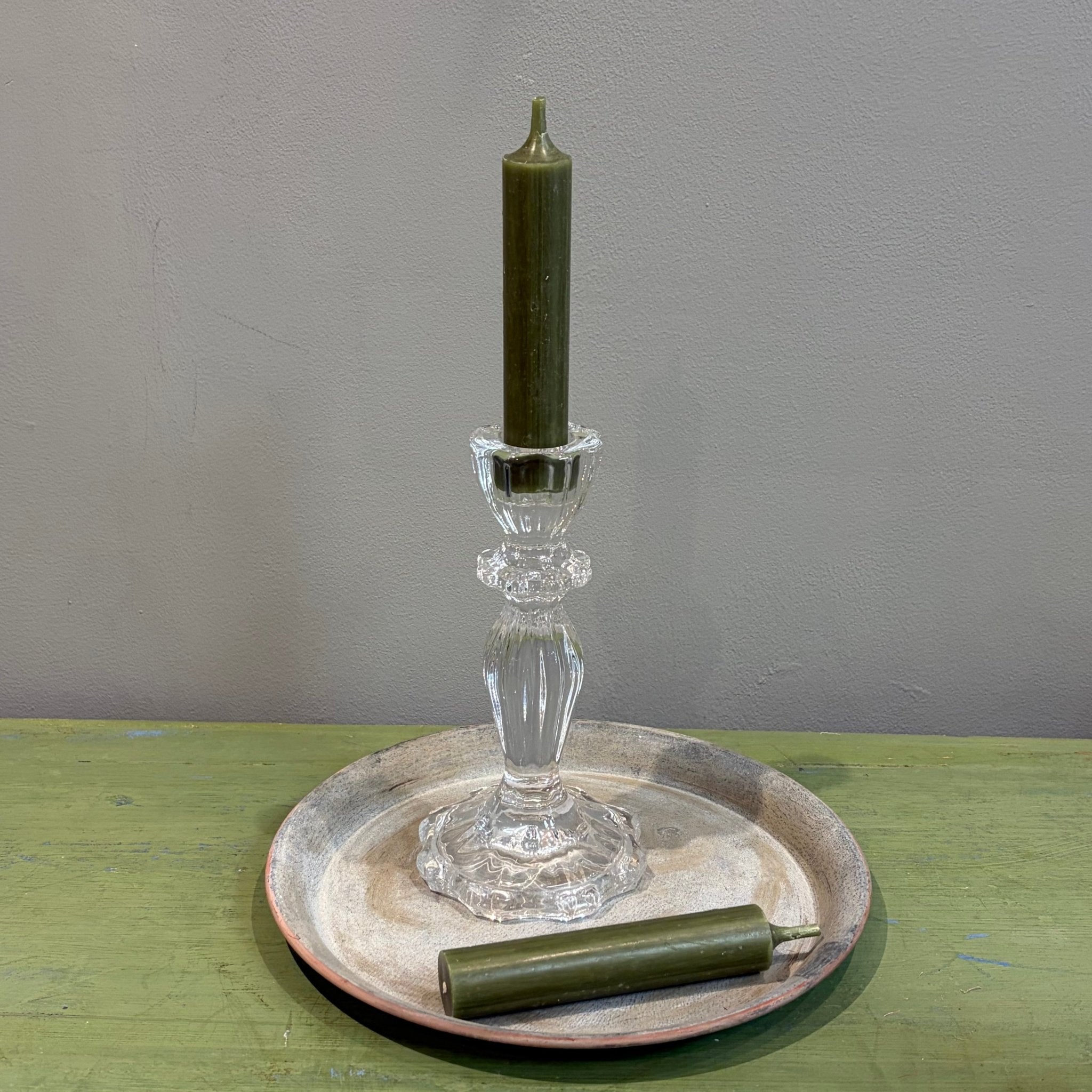 Lace-edge clear glass candlestick holder by Chic Antique, elegant candle holder with delicate lace design for decorative lighting.