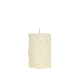 Cream-colored Chic Antique Macon pillar candle with leaf pattern, 45-hour burn time, designed for elegant home decor.