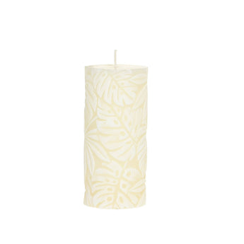Cream leaf-pattern Macon pillar candle by Chic Antique, 64-hour burn time, with detailed leaf design on smooth wax surface.