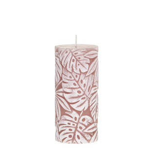 Chic Antique Dusty Rose Leaf Pattern Macon Pillar Candle, 64-inch tall with detailed leaf design, ideal for decorative lighting.