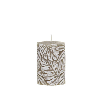 Chic Antique leaf-pattern Macon linen pillar candle, 45-hour burn time, decorative candle with detailed leaf design.