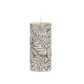 Chic Antique Leaf Pattern Macon Linen Pillar Candle, 64-inch height, with detailed leaf design on linen-textured surface.