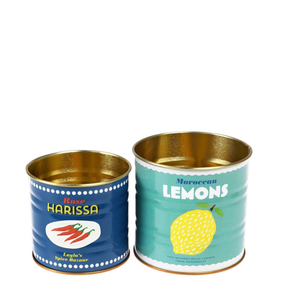 Set of two Rex B2B mini storage tins featuring lemon and harissa designs, ideal for kitchen organization and storage.