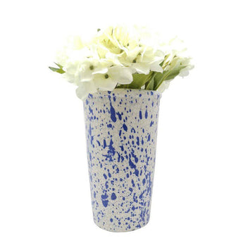 Blue splash Long Tom vase by Casa Verde, tall ceramic vase with a vibrant blue design, ideal for floral arrangements.