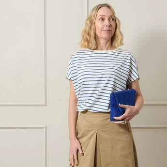 Cobalt blue CHALK Putney Bag Suede with a sleek design and top handle, showcasing soft suede material and modern style.