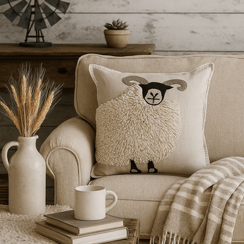 Aquarelle Home Mortimer tufted ram cushion with textured fabric and detailed ram head embroidery on soft cushion.