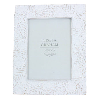 White floral resin photo frame by Gisela Graham for 5x7 photos, featuring a natural floral design and elegant white finish.