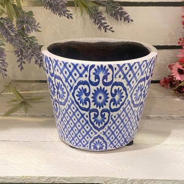 Six assorted blue Old Style Dutch Pots by Grand Illusions, featuring traditional design and vibrant ceramic finishes.