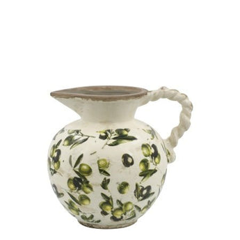 Chic Antique olive-colored jug with a braided handle, made of ceramic, suitable for decorative or functional use.