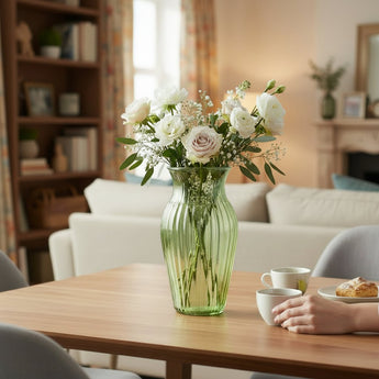 Olive green Gisela Graham glass vase with a classic shape, ideal for floral arrangements or decorative display.